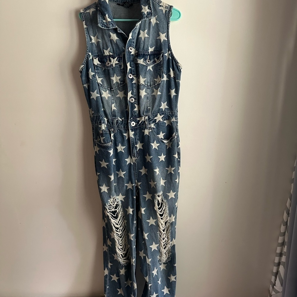 Ashley Stewart Denim Jumpsuit with Star Pattern